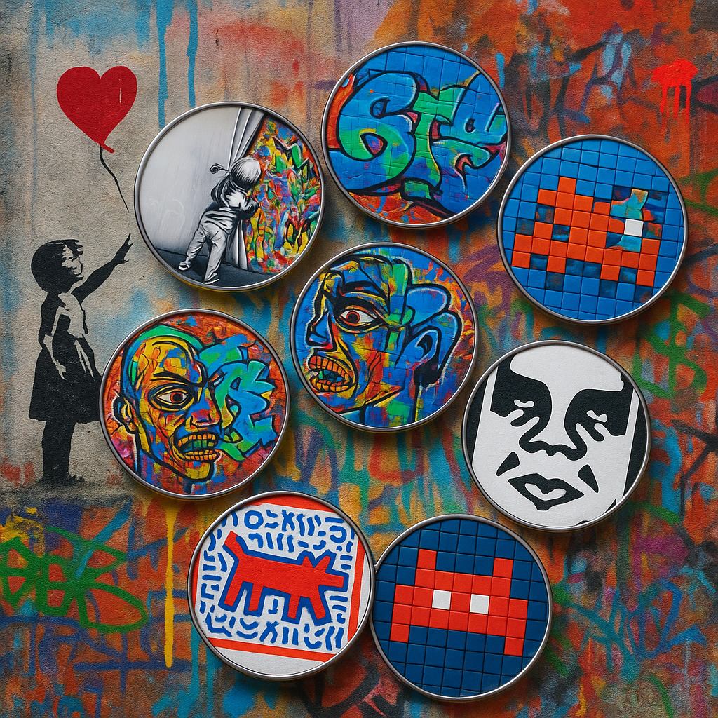 Street art ball markers collection featuring Banksy-style designs