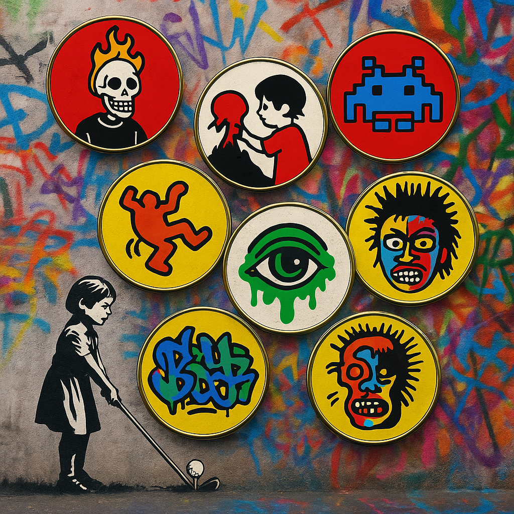 Street art ball markers featuring skull, pixel art, and urban designs