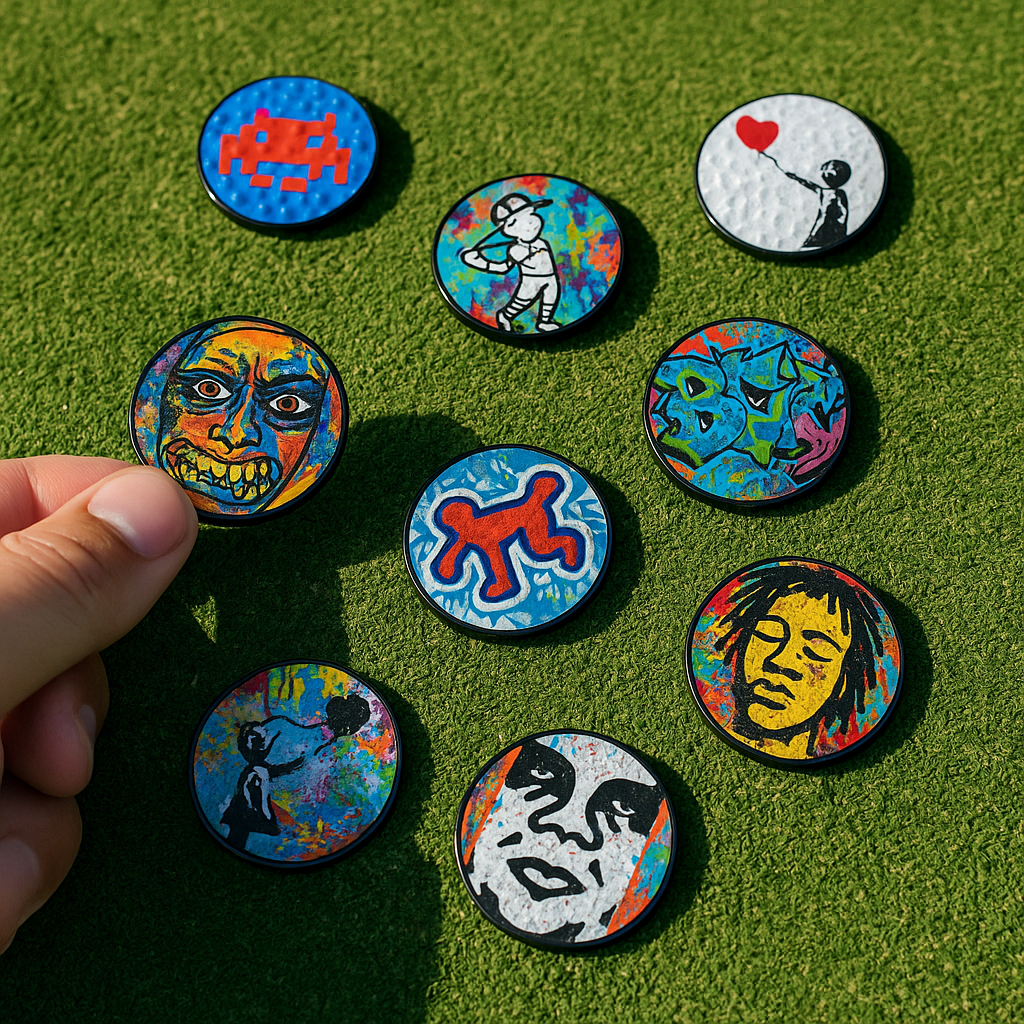 CollabMarks ball markers featuring street art designs including space invader, Banksy balloon girl, Keith Haring figure, Bob Marley portrait, and abstract graffiti on golf course turf